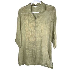 Connie Roberson women’s XS linen green gold Sheer button down tunic Shirt